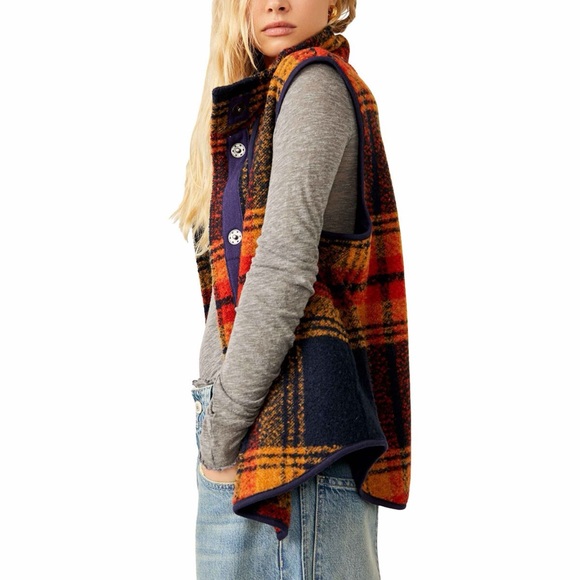 Free People Jackets & Blazers - Free People Orange & Navy Plaid Button Vest